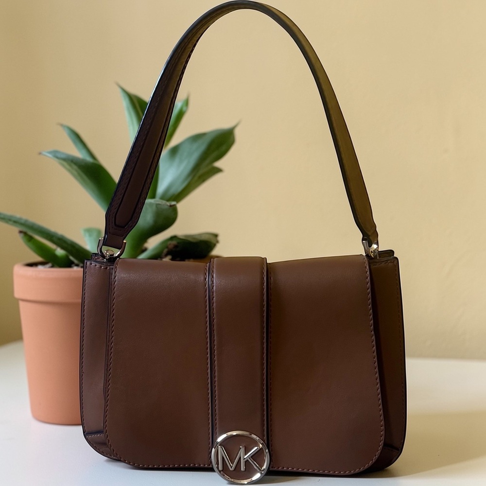 Michael Kors Shoulder Bag Womens Small Luggage Brown Excellent MK Logo Leather - Picture 3 of 14